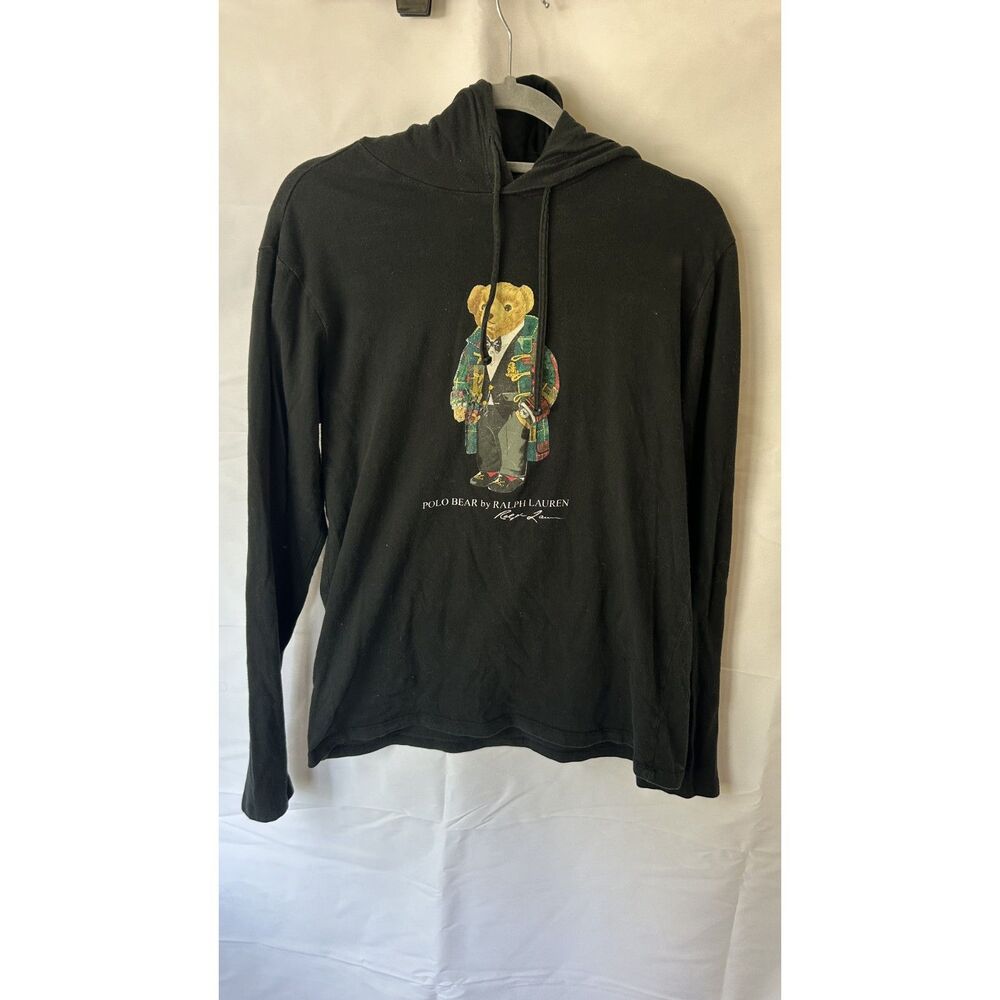 Polo Ralph Lauren Bear Graphic Hooded Long Sleeve Plaid Coat Small Mens Black